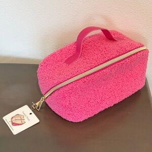 Pink Sherpa Travel Cosmetic Bag with Gold Zip